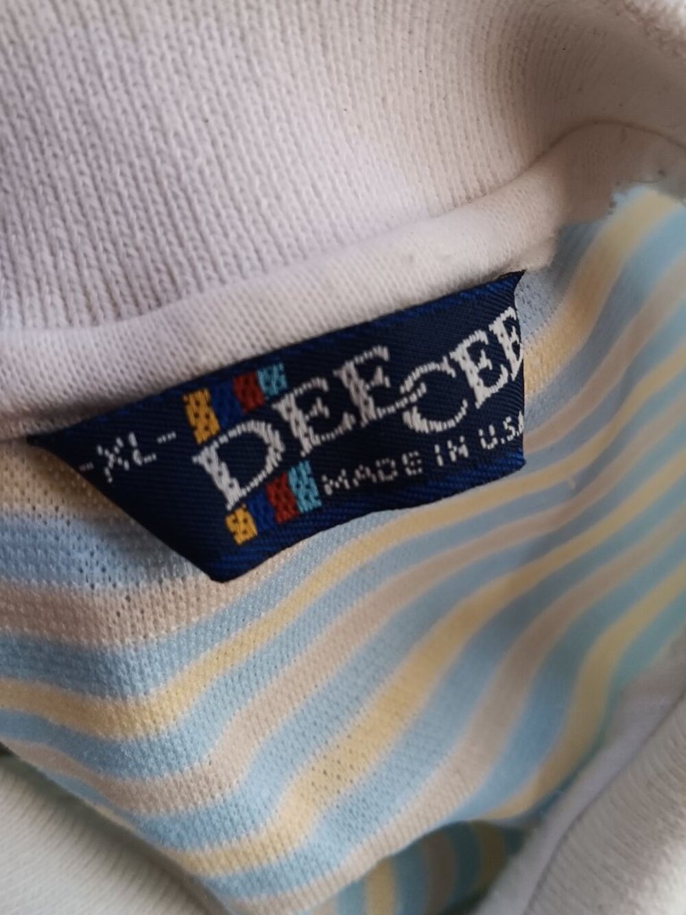 Vintage Mens XL Polo Shirt 1980's Yellow Blue Striped USA Dee Cee Single Stitch